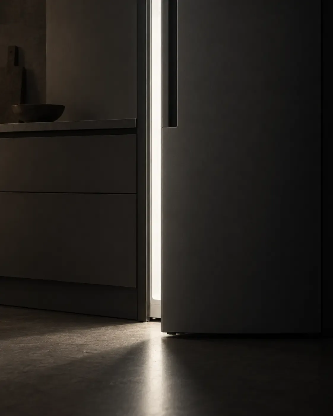 Приоткрытая дверь холодильника на кухне, изнутри падает полоса света